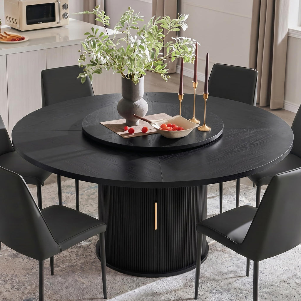 55" Fluted Round Dining Table for 4-6, Mid-Century Modern Kitchen Table with Rotating Tray, 2-Tier Storage Shelf, Wood Sliding Doors and Pedestal Base, Walnut