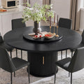 55" Fluted Round Dining Table for 4-6, Mid-Century Modern Kitchen Table with Rotating Tray, 2-Tier Storage Shelf, Wood Sliding Doors and Pedestal Base, Walnut