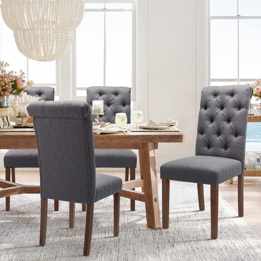 COLAMY Button Tufted Dining Chairs Set of 4, Parsons Upholstered Fabric Dining Room Chairs Kitchen Chairs with Wood Legs and Padded Seat, Taupe