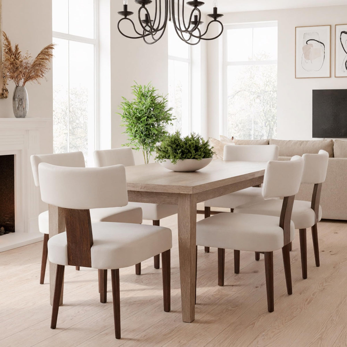 HNY Mid Century Modern Dining Chairs Set of 4, Upholstered Linen Kitchen & Dining Room Chairs with Ergonomic Curved Backrest, Solid Wood Legs, Farmhouse Accent Chair for Home, Apartment, Beige