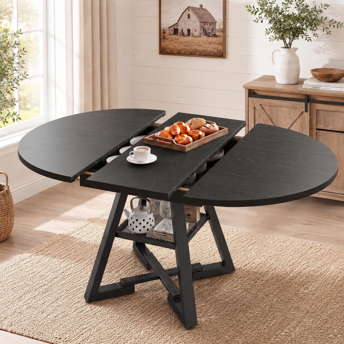 Jocoevol Extendable Round Dining Table for 4-8, Round to Oval Dining Table with Open Storage Shelf, Space Saving Expandable Kitchen Table, Modern Design for Apartments & Dining Rooms,Grey