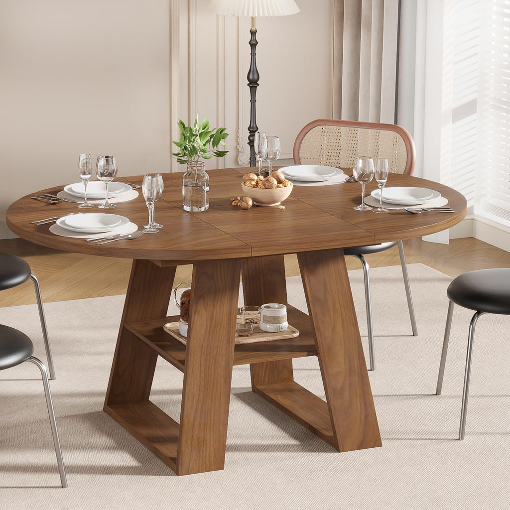 43.3"-59" Extendable Round Oval Dining Table for 4-8 with Storage Shelf