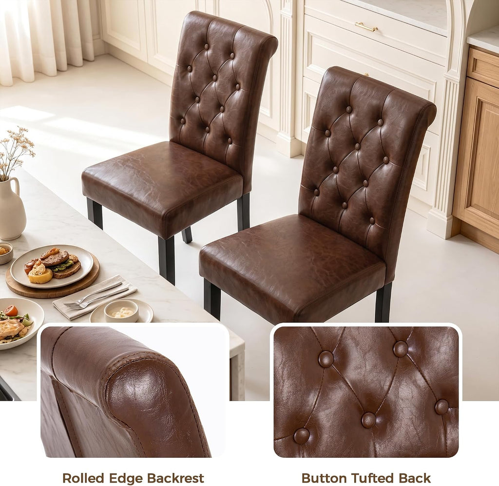 LSSPAID Dining Chairs Set of 6, Modern Armless Parsons Side Chairs, Upholstered Button-Tufted PU Leather Dining Kitchen Chairs with Solid Wood Legs, Brown