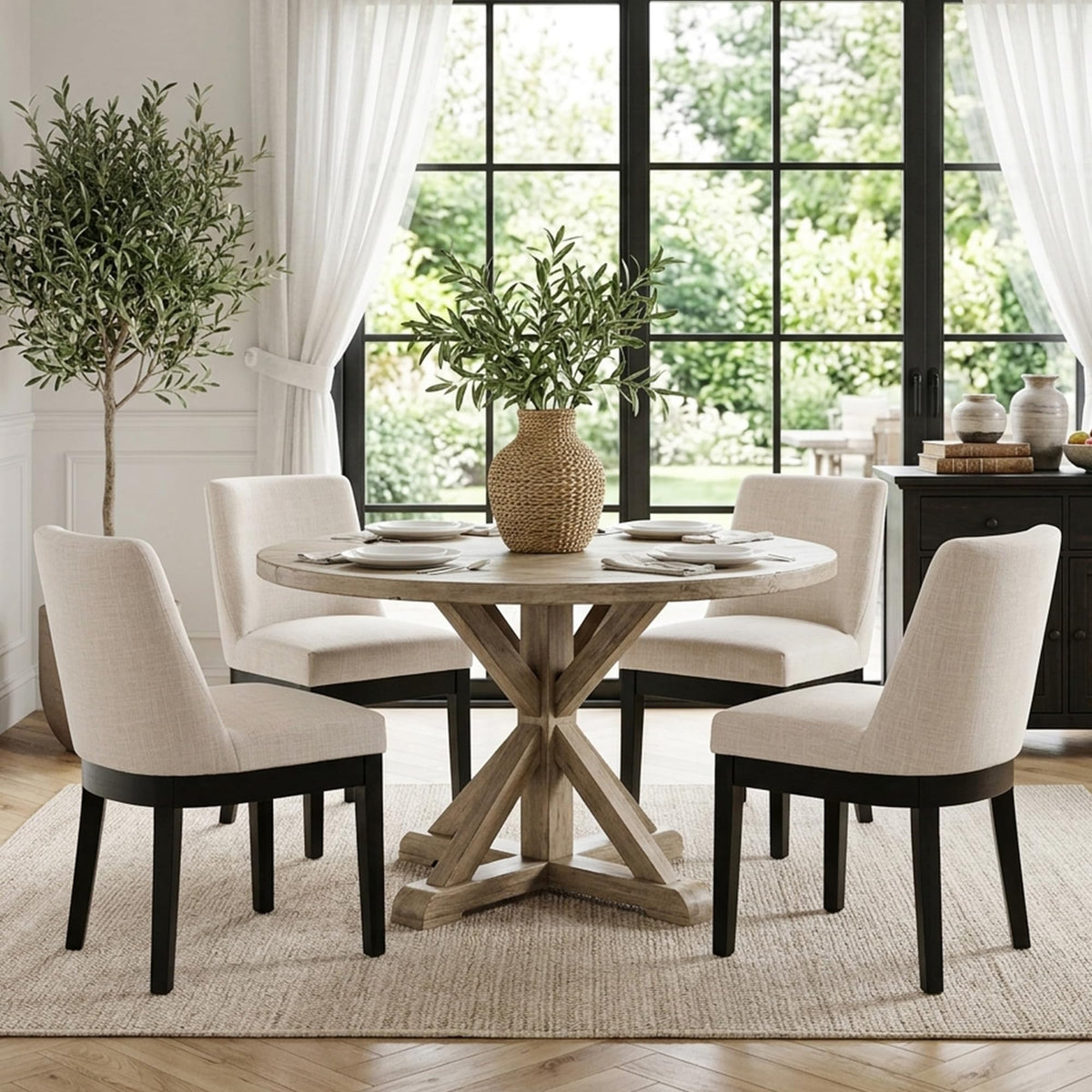 HNY Modern Dining Chairs Set of 6 with Comfortable Back Support, Farmhouse Soft Linen Upholstered Kitchen Dining Room Chairs with Solid Wood Legs, Armless Accent Side Chairs for Living Room, Beige