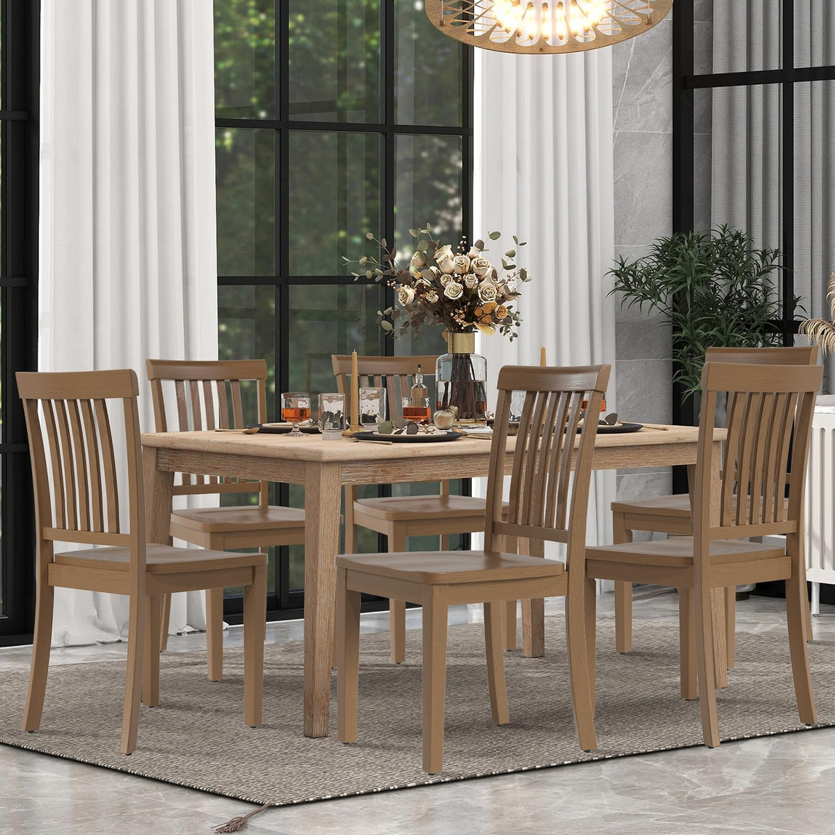 COLAMY Wooden Dining Room Chairs Set of 6, Spindle High Back Windsor Kitchen Side Chair, Farmhouse Dining Chairs for Kitchen, Dining Room, Light Brown
