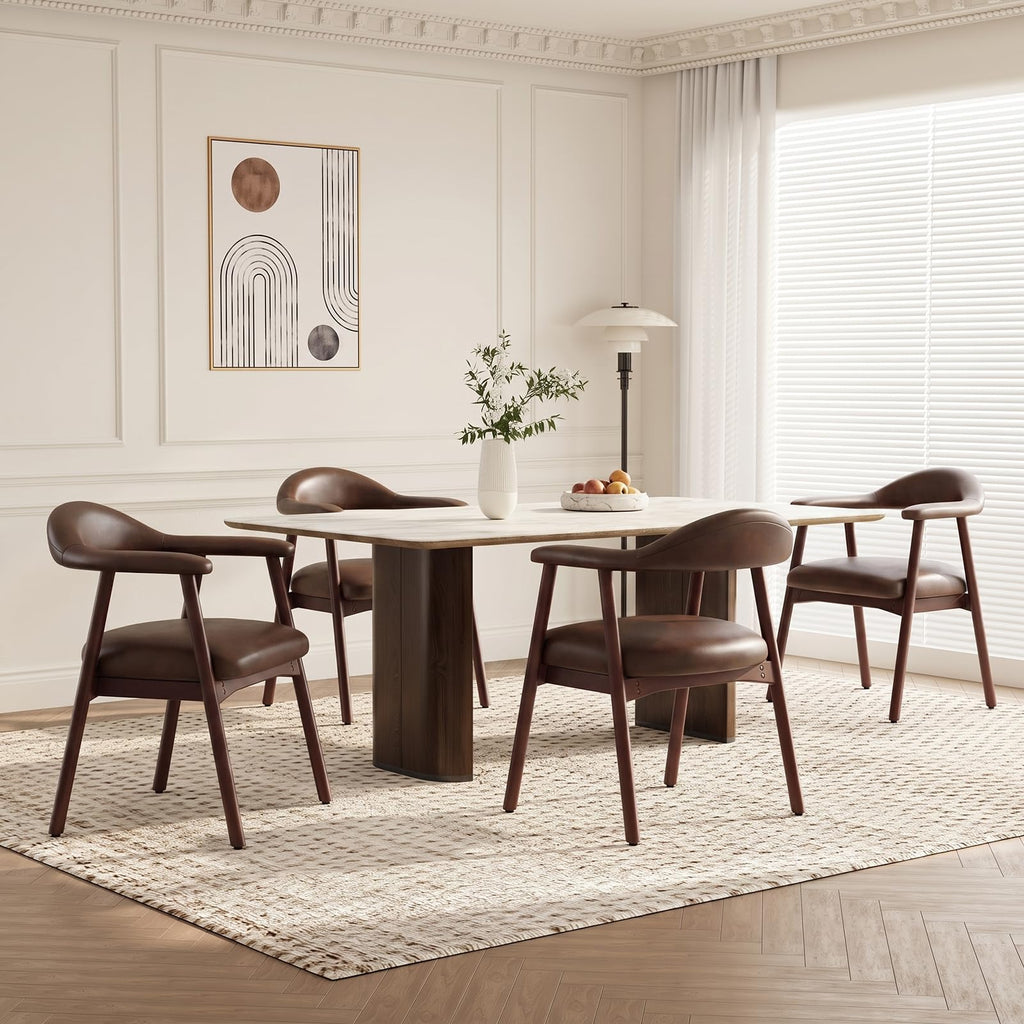 MALOL Leather Dining Chair with Armrest Set of 4, Upholstered Dining Room Chair with Curved Back and Wood Legs, Mid Century Modern Kitchen Chairs for Kitchen Dining Room,Brown