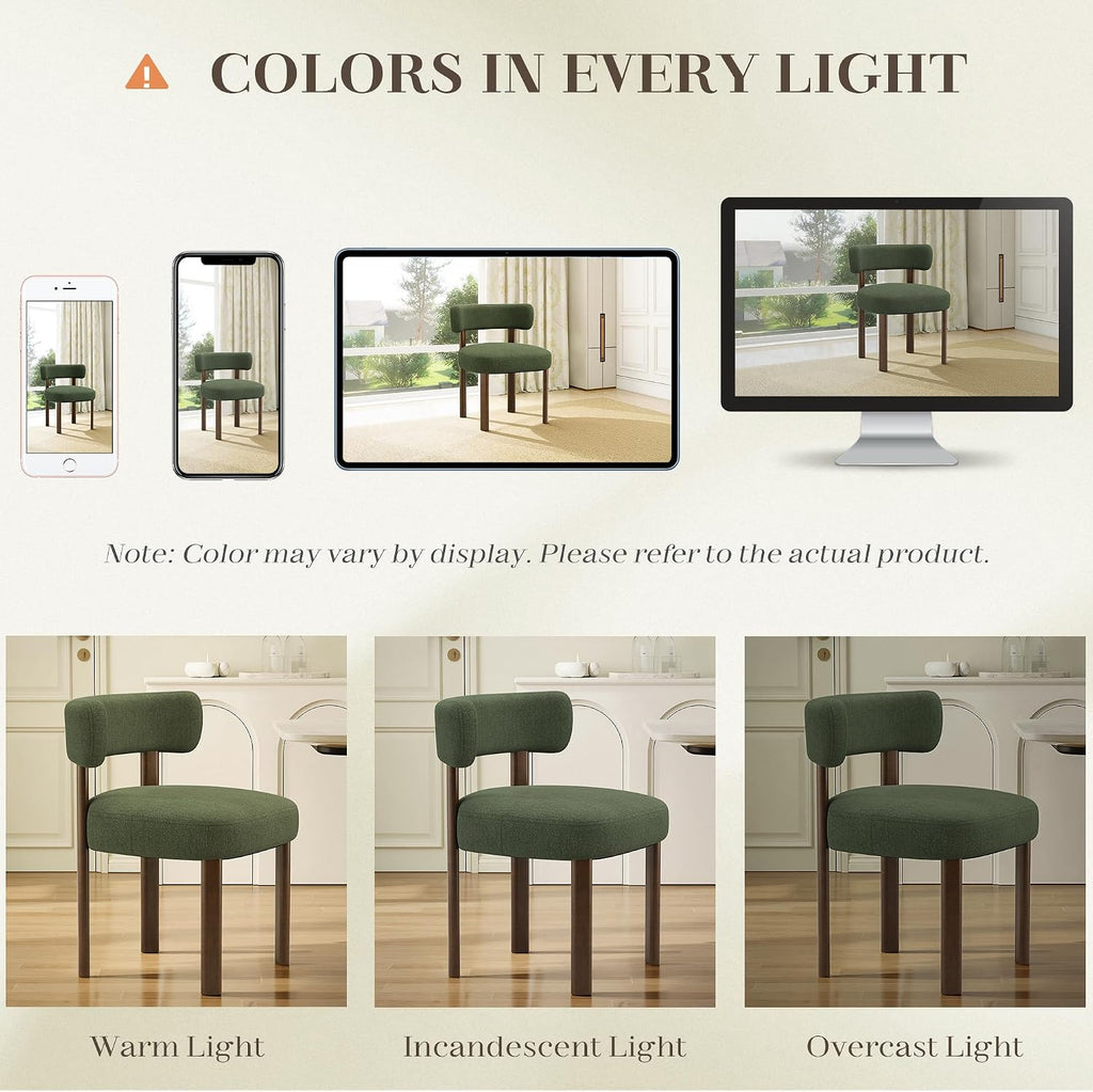 Wooden Dining Chairs Set of 2, Upholstered Kitchen Chairs with Solid Wood Legs, Mid Century Dining Room Chair with Ergonomic Curved Backrest for Kitchen Dining Vanity, Green