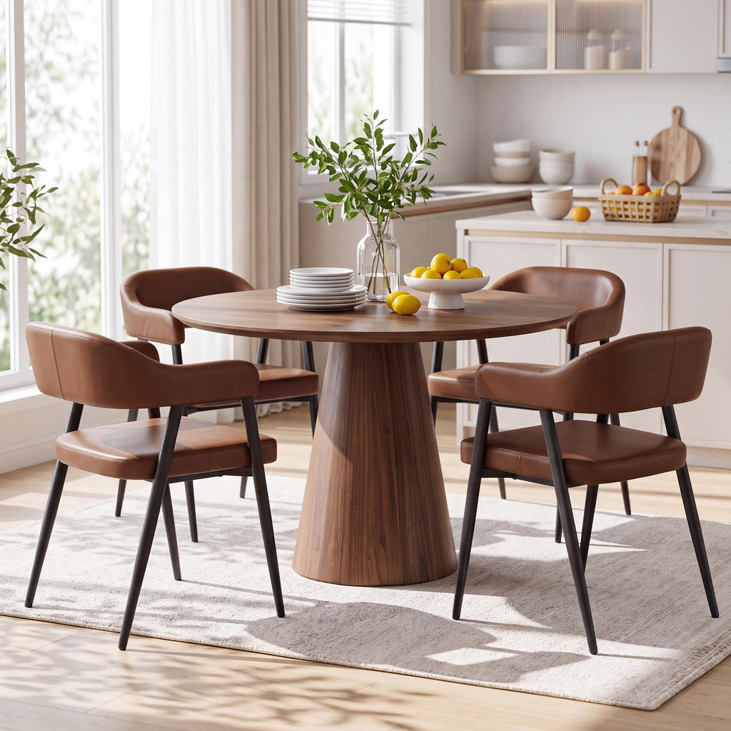 HNY Modern Dining Room Arm Chairs Set of 6, Retro Faux Leather Upholstered Barrel Dining Chairs with Arms Mid-Century Brown Accent Chair with Metal Legs, Open-Back Kitchen Side Chair for Living Room