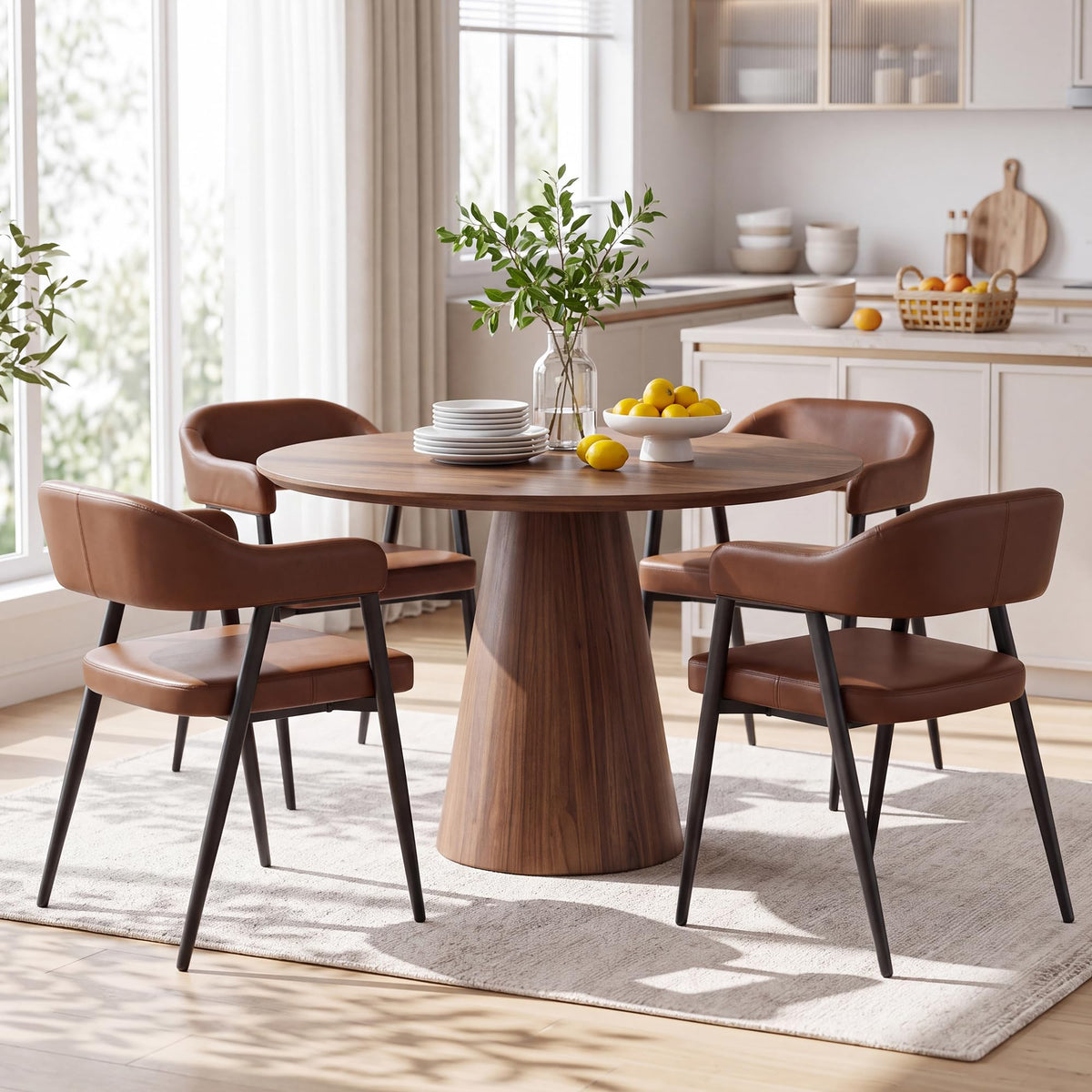 HNY Modern Dining Room Arm Chairs Set of 6, Retro Faux Leather Upholstered Barrel Dining Chairs with Arms Mid-Century Brown Accent Chair with Metal Legs, Open-Back Kitchen Side Chair for Living Room