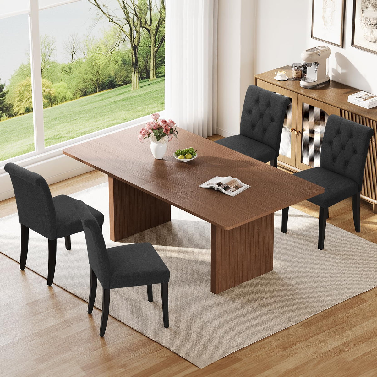 Welzona Upholstered Dining Chairs Set of 4, Button Tufted Parsons Dining Chair with Solid Wood Legs, Modern Fabric Side Chair for Dining Room/Kitchen/Restaurant/Hotel- Black