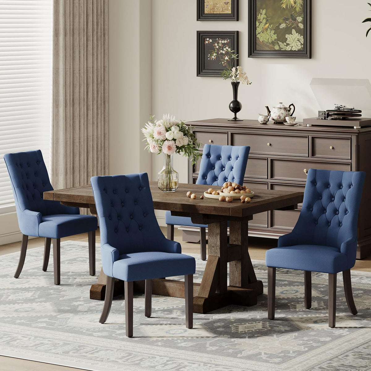 COLAMY Wingback Upholstered Dining Chairs Set of 4, Fabric Side Dining Room Chairs with Tufted Button, Living Room Chairs for Home Kitchen Resturant- Beige