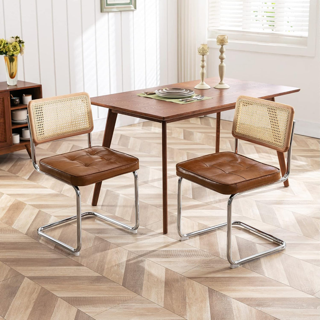 ONEVOG Faux Leather Dining Chairs Set of 2, Mid-Century Modern Kitchen Chairs with Natural Rattan Back and Non-Slip Metal Legs, 19" Upholstered Armless Dining Room Chairs, Caramel Brown