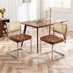 ONEVOG Faux Leather Dining Chairs Set of 2, Mid-Century Modern Kitchen Chairs with Natural Rattan Back and Non-Slip Metal Legs, 19" Upholstered Armless Dining Room Chairs, Caramel Brown