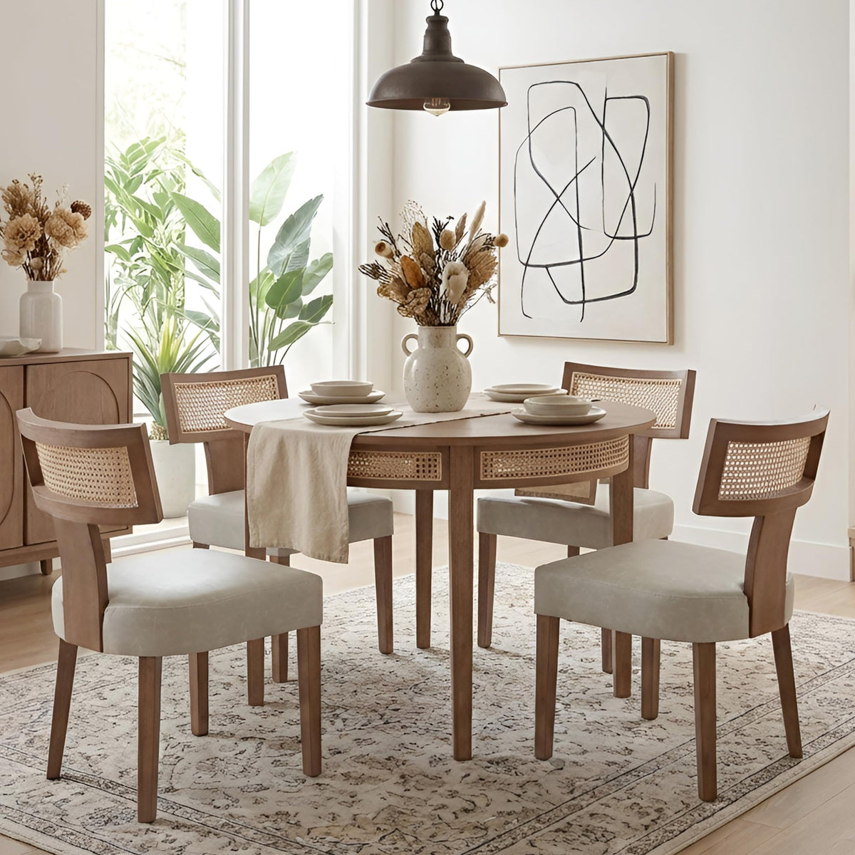 HNY Mid Century Modern Dining Chairs Set of 4, Upholstered Linen Kitchen & Dining Room Chairs with Ergonomic Curved Backrest, Solid Wood Legs, Farmhouse Accent Chair for Home, Apartment, Beige