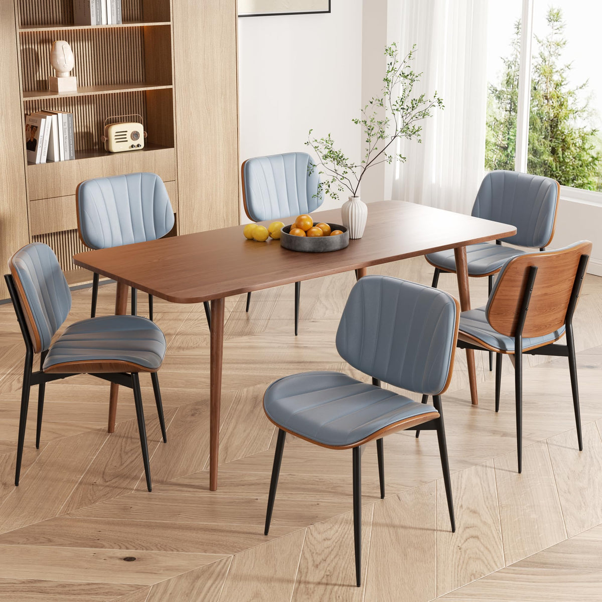 Dining Chairs Set of 2, Mid Century Modern Dining Room Chair, Upholstered Faux Leather Kitchen Chairs with Walnut Bentwood Back and Metal Legs for Kitchen Dining Room Living Room, Black