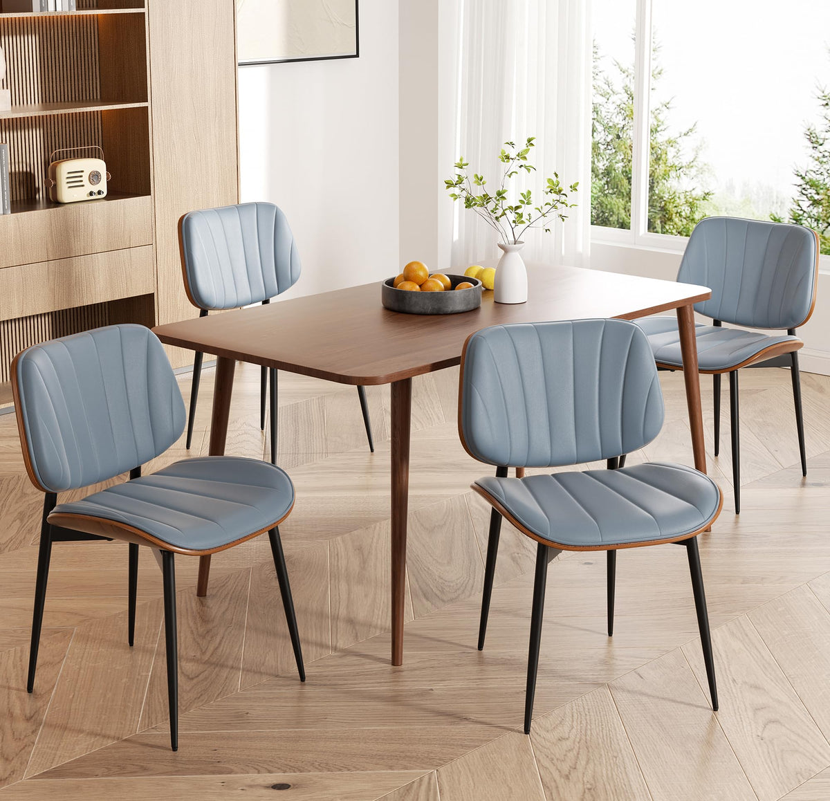 Dining Chairs Set of 2, Mid Century Modern Dining Room Chair, Upholstered Faux Leather Kitchen Chairs with Walnut Bentwood Back and Metal Legs for Kitchen Dining Room Living Room, Black