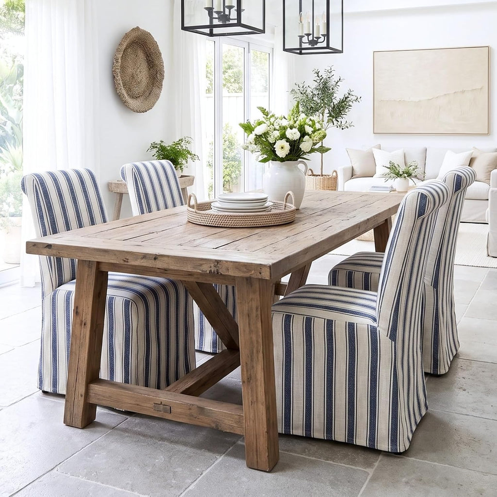 chairus Slipcovered Upholstered Parsons Dining Chairs Set of 4, Blue Stripe