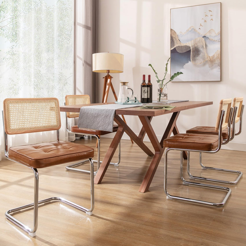 ONEVOG Faux Leather Dining Chairs Set of 2, Mid-Century Modern Kitchen Chairs with Natural Rattan Back and Non-Slip Metal Legs, 19" Upholstered Armless Dining Room Chairs, Caramel Brown