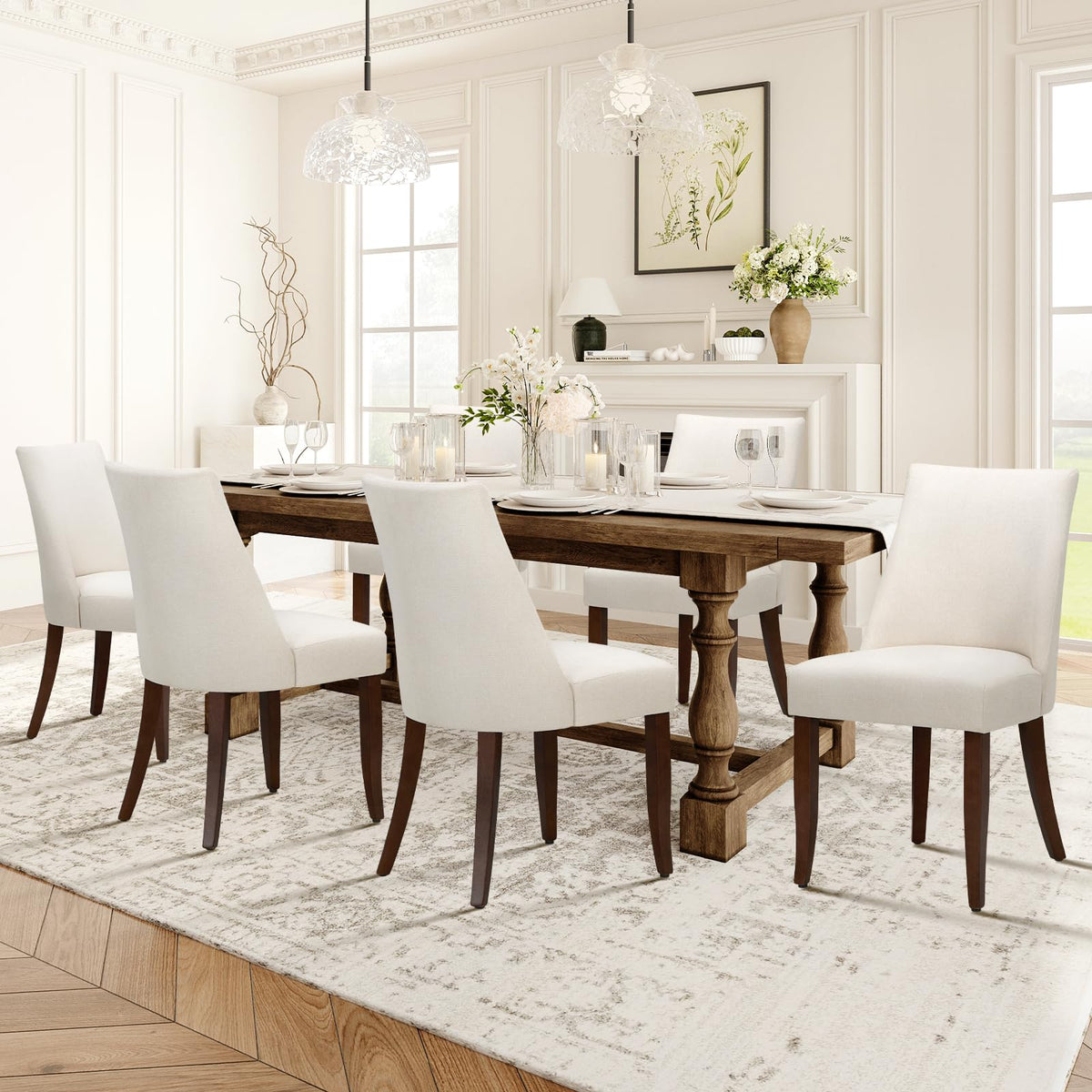 COLAMY Upholstered Dining Chairs Set of 6, Mid Century Modern Kitchen Chairs with Back, Farmhouse Fabric Side Dining Room Chairs with Wood Legs for Dining Room Restaurant, Brown