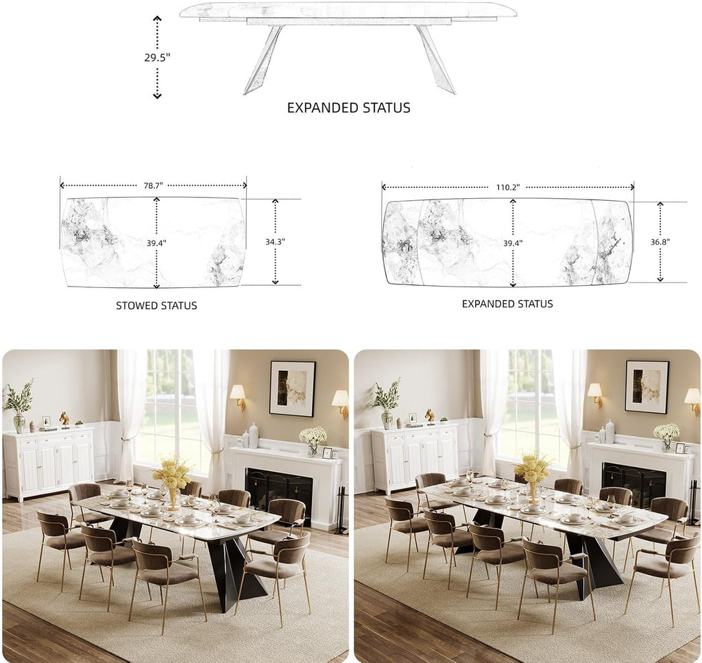 Extendable Dining Table with Leaf, 78"-110" Rectangular Sintered Stone, Marble-Look Top, Seats 6-14, Metal Base, Easy-Clean, Heat & Scratch Resistant, Dining Room/Kitchen Table for Family Gatherings