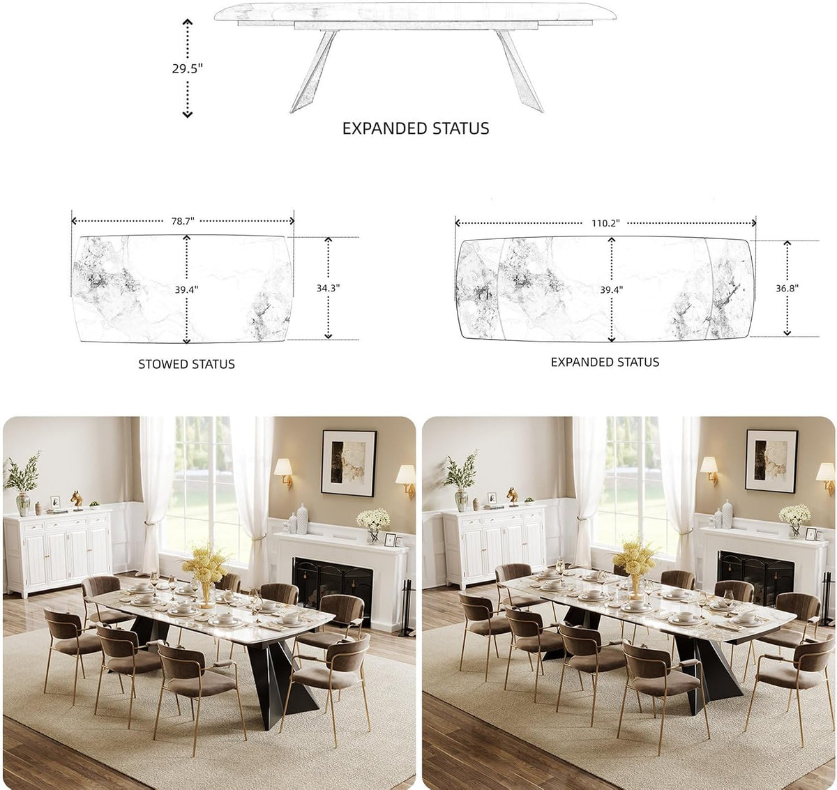 Extendable Dining Table with Leaf, 78"-110" Rectangular Sintered Stone, Marble-Look Top, Seats 6-14, Metal Base, Easy-Clean, Heat & Scratch Resistant, Dining Room/Kitchen Table for Family Gatherings