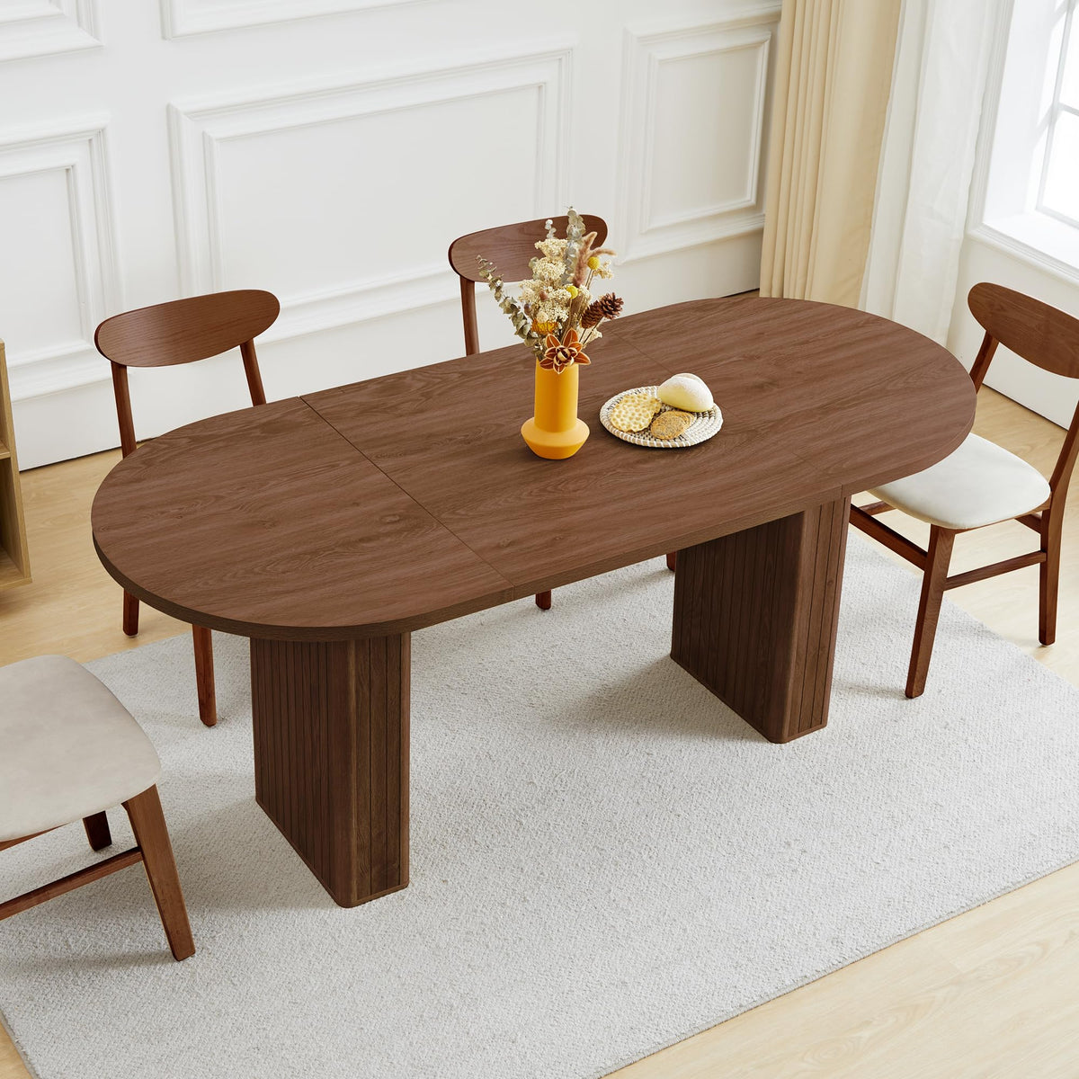 weselon 55"-71" Extendable Dining Table with Storage, Expandable Kitchen Table for 4-6, Space Saving Dining Room Table with Hidden Storage Cabinet, Adjustable Shelves & Fluted Base (Walnut)