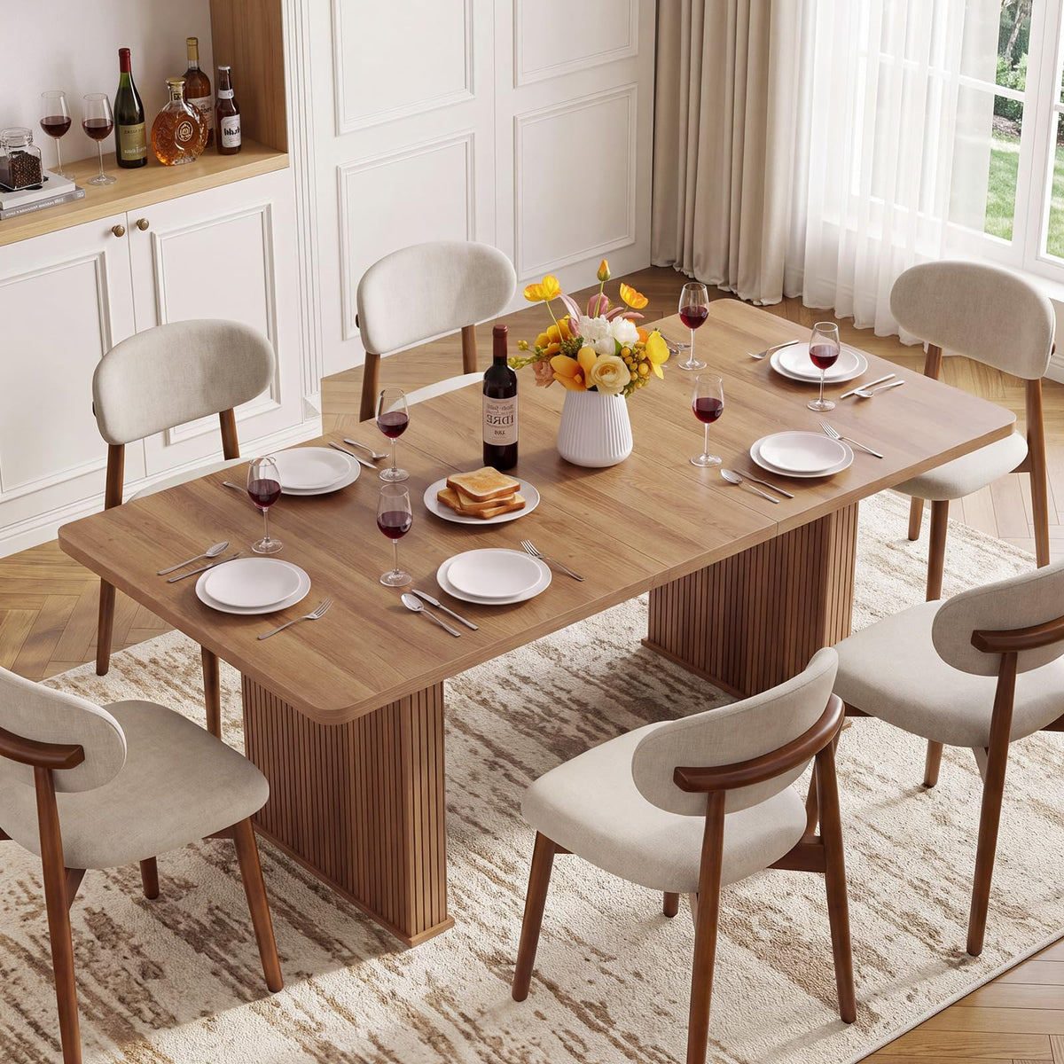 LEYAOYAO Extendable Dining Table for 4-6, 63"–79" with Fluted Base(Walnut)