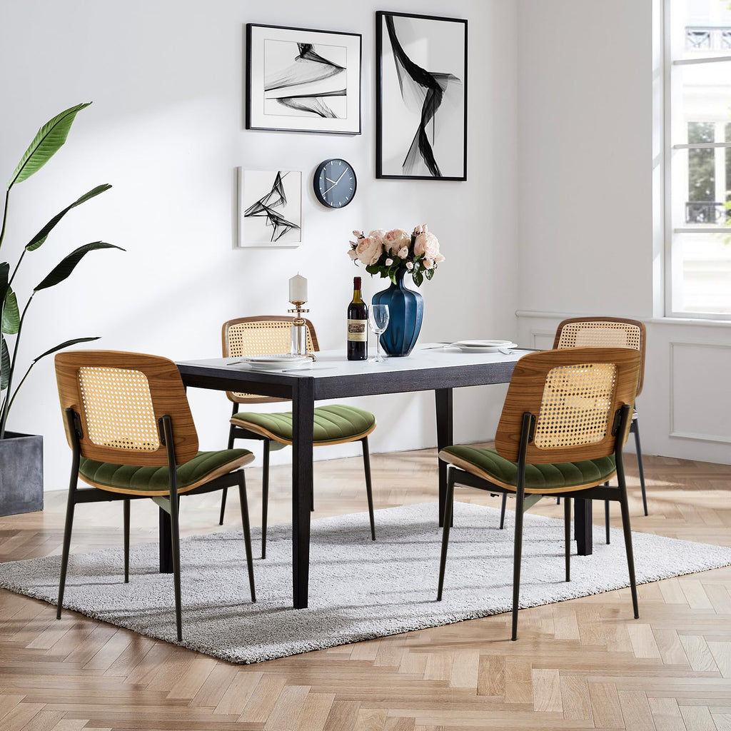 LUNLING Dining Chairs Set of 2 Mid Century Modern Retro Green Velvet Kitchen Chairs with Walnut Bentwood Upholstered Seat Metal Legs Adjustable Foot for Kitchen Dining Room Chairs(Green Fabric)