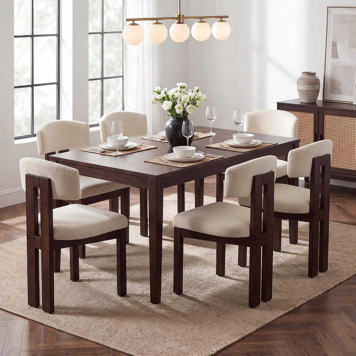 COLAMY Upholstered Dining Chairs Set of 6, Solid Wood Wobble-Free Modern Kitchen Accent Seating for Long Family Dinners, Mid Century Beige Fabric & Walnut Finish,Camel