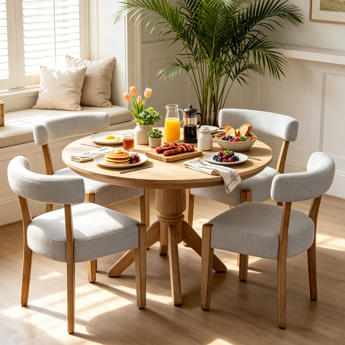 RNKSFX Modern Dining Chairs Set of 4, Faux Leather Upholstered Kitchen & Dining Room Chairs, Mid Century Modern Wooden Dining Chairs Oversized Sturdy Rounded Chairs Curved Back, Beige