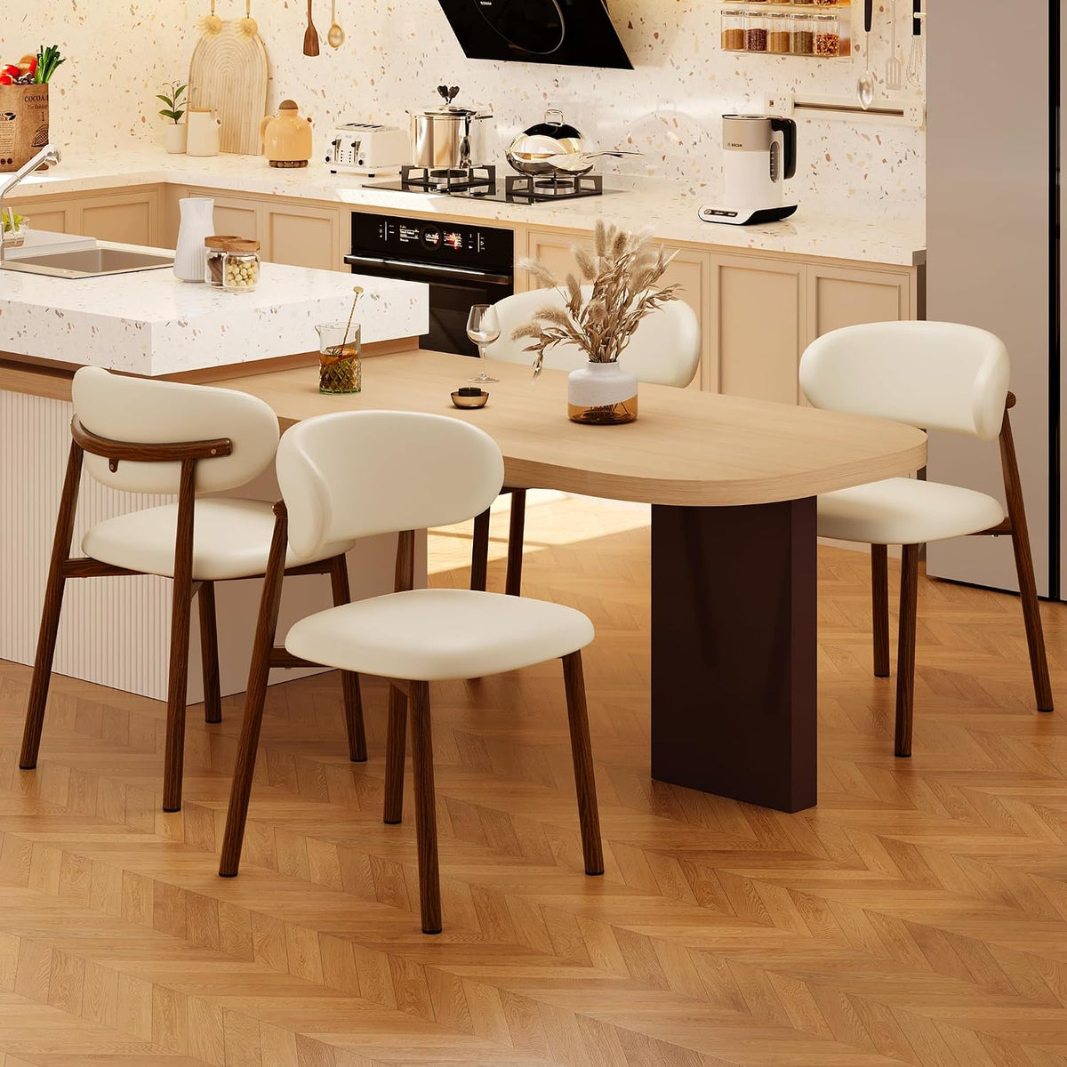 Kitchen Dining Chairs Set of 4 Modern Upholstered Leather Farmhouse Dining Room Chair, Walnut/Beige