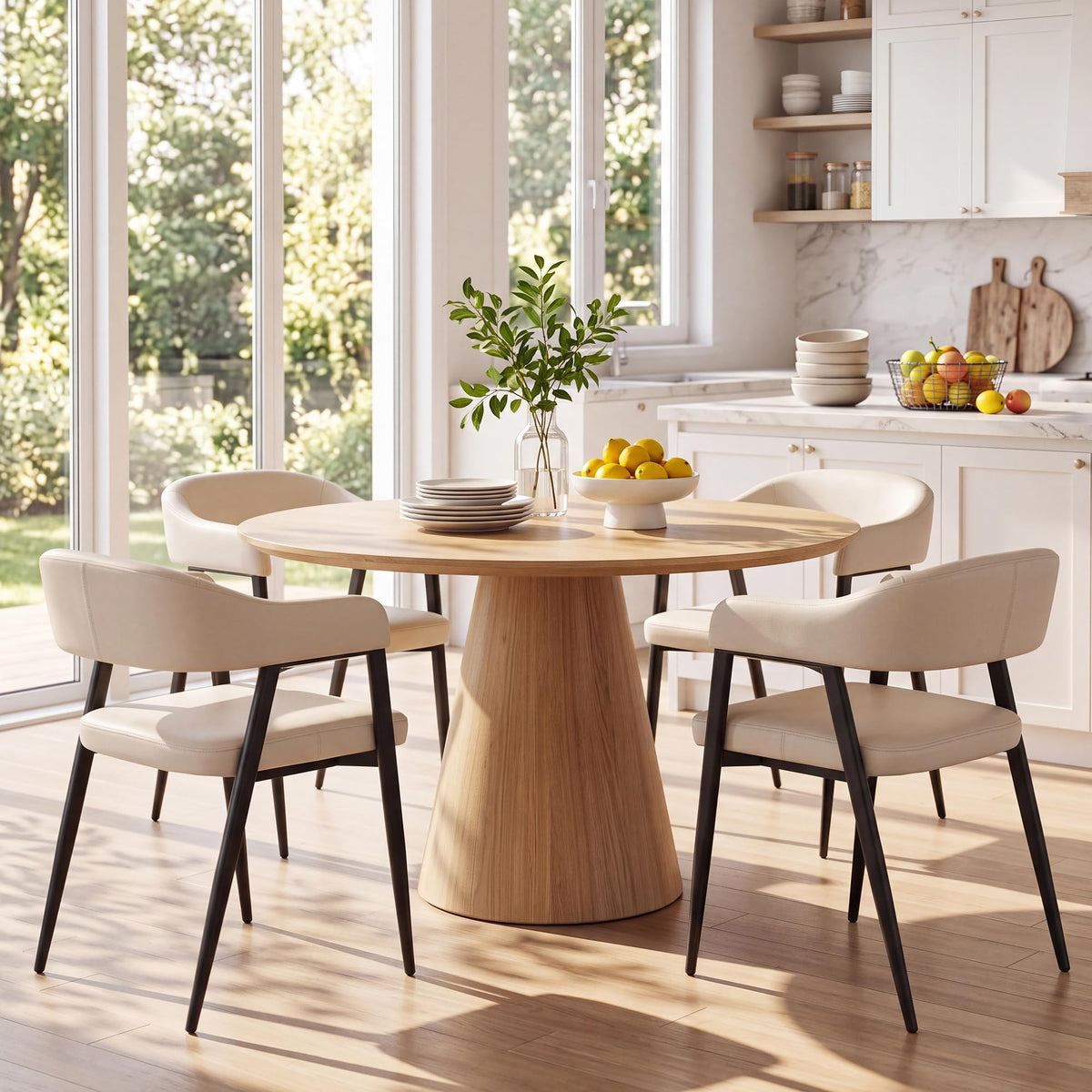 HNY Modern Dining Room Arm Chairs Set of 6, Retro Faux Leather Upholstered Barrel Dining Chairs with Arms Mid-Century Brown Accent Chair with Metal Legs, Open-Back Kitchen Side Chair for Living Room