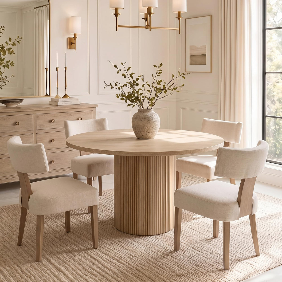 HNY Mid Century Modern Dining Chairs Set of 4, Upholstered Linen Kitchen & Dining Room Chairs with Ergonomic Curved Backrest, Solid Wood Legs, Farmhouse Accent Chair for Home, Apartment, Beige