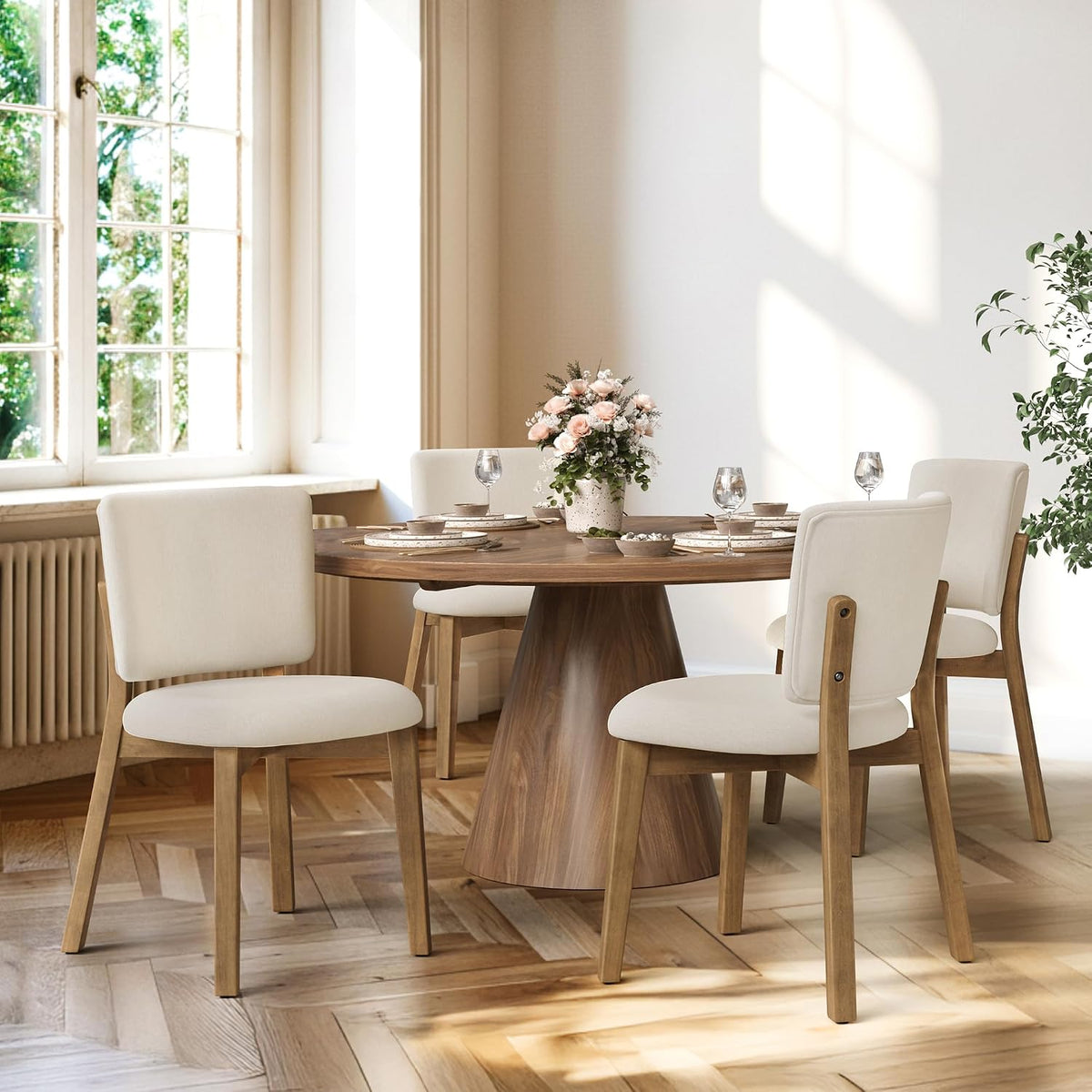 LUE BONA Linen Farmhouse Dining Chairs Set of 4, Natural Wood Leg