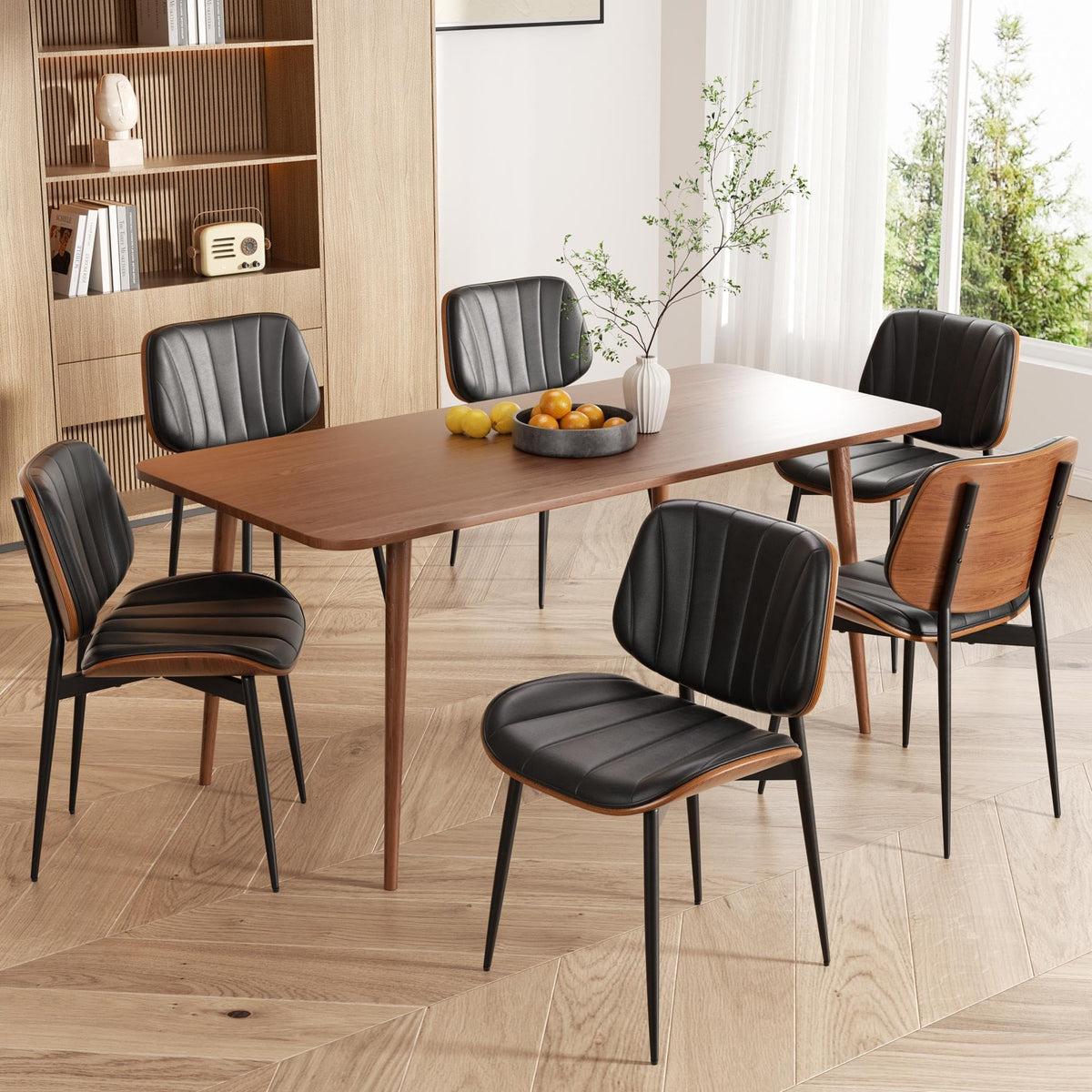 Dining Chairs Set of 2, Mid Century Modern Dining Room Chair, Upholstered Faux Leather Kitchen Chairs with Walnut Bentwood Back and Metal Legs for Kitchen Dining Room Living Room, Black