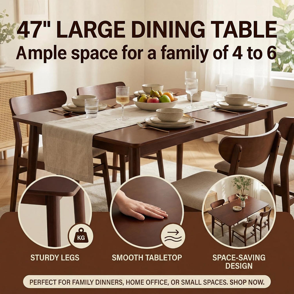 BAKEVE Bamboo Dining Table for 4-6 Person- 47.2'' Solid Wood Kitchen Table, Farmhouse Rectangular Dining Room Table, Mid Century Modern Desk for Living Room, Kitchen, Walnut, FSC-Certified Bamboo