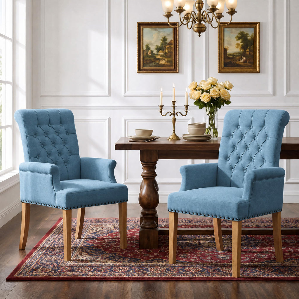 WUTUTUEE Fabric Dining Chair with Arms, Upholstered Tufted High Back Dining Room Chairs, Accent Armchair with Solid Wood Leg and Nailhead Trim, Kitchen Dining Living Room, Beige