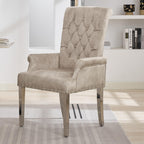WUTUTUEE Fabric Dining Chair with Arms, Upholstered Tufted High Back Dining Room Chairs, Accent Armchair with Solid Wood Leg and Nailhead Trim, Kitchen Dining Living Room, Beige