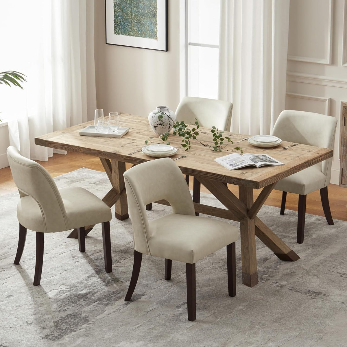 VKNOW Modern Dining Chairs Set of 4 with Rubberwood Legs, Beige