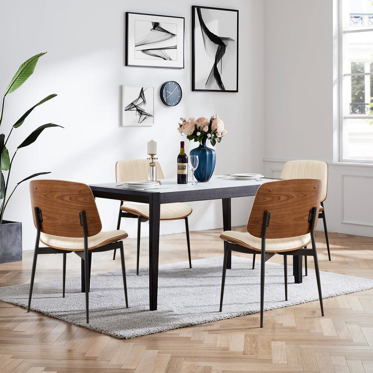 LUNLING Dining Chairs Set of 2 Mid Century Modern Retro Green Velvet Kitchen Chairs with Walnut Bentwood Upholstered Seat Metal Legs Adjustable Foot for Kitchen Dining Room Chairs(Green Fabric)