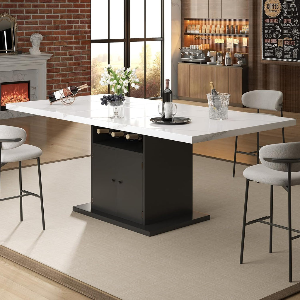 Extendable Rectangle Dining Table for 4-6, 47-63 Inch Faux Marble Kitchen Table with Storage Shelves and Wine Rack, Expandable Modern Rectangular Dinner Table for Kitchen, Dining Room, Black Pedestal