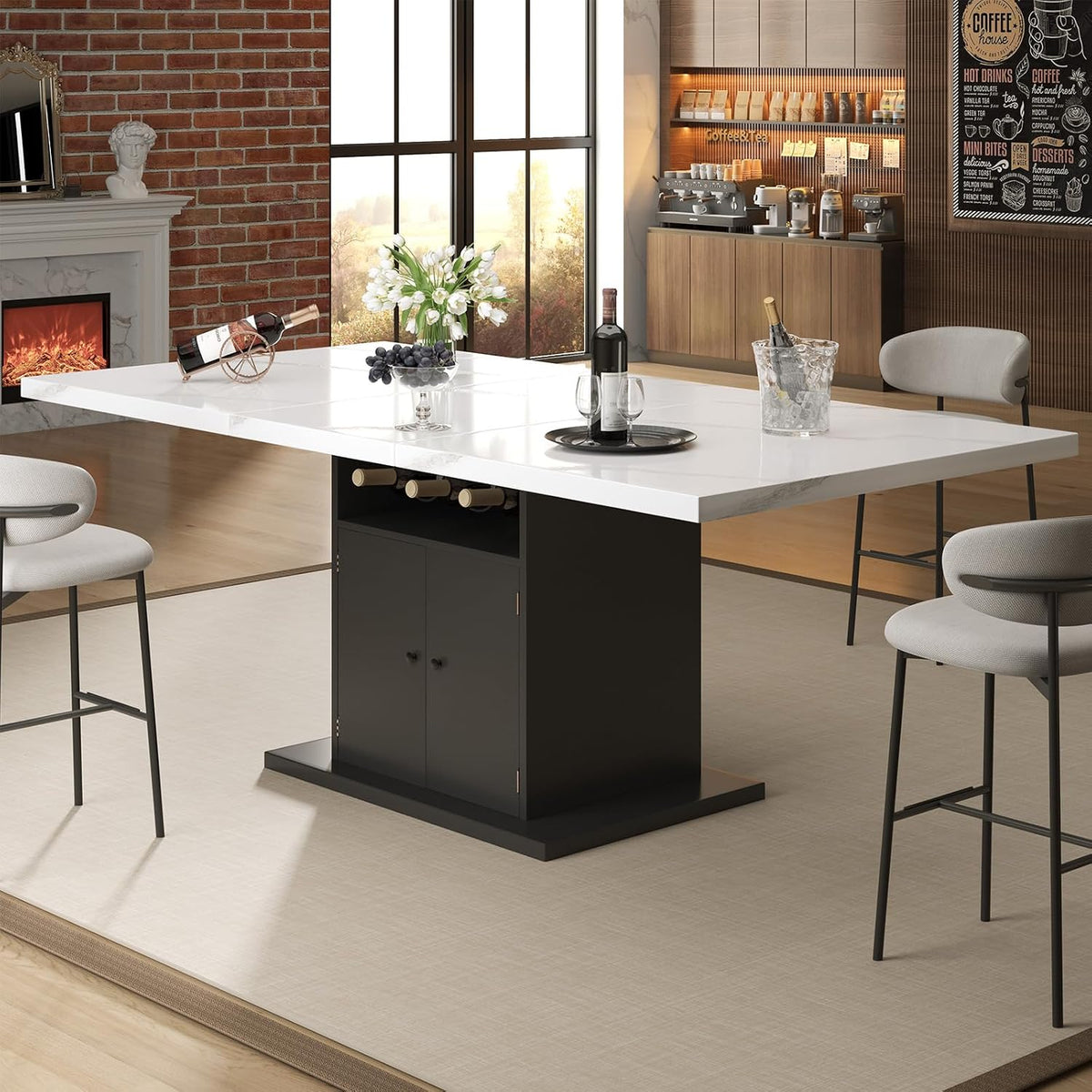 Extendable Rectangle Dining Table for 4-6, 47-63 Inch Faux Marble Kitchen Table with Storage Shelves and Wine Rack, Expandable Modern Rectangular Dinner Table for Kitchen, Dining Room, Black Pedestal