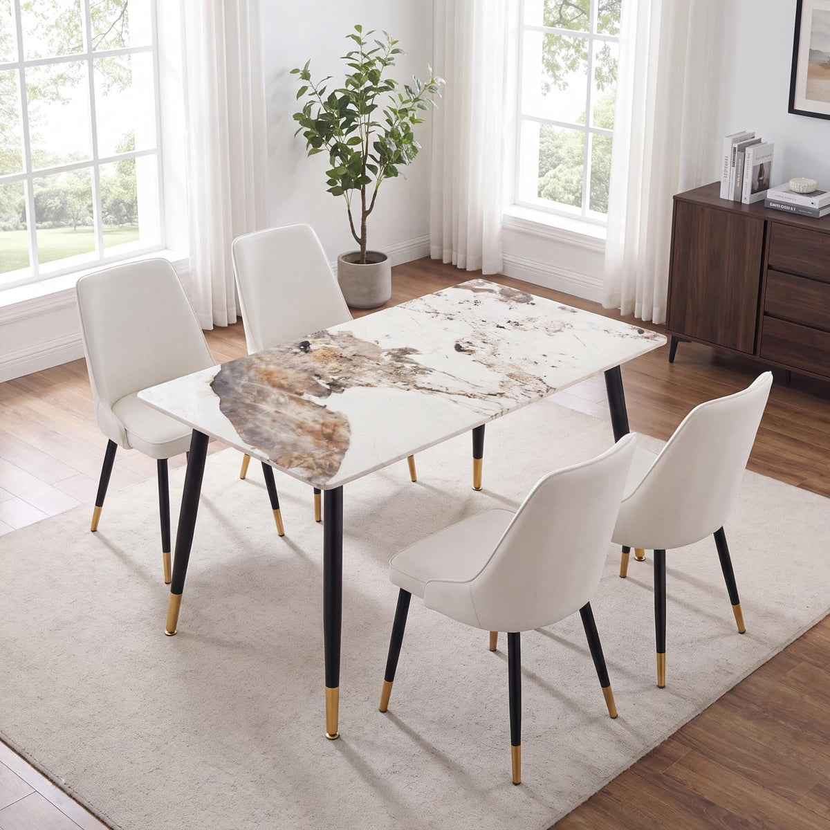 63" Sintered Stone Dining Table, Modern Kitchen Table with Marble Top, Rectangular Dining Table with Black Metal Legs for Small Space Living Room,Kitchen,Office,Cafe, Pandora Beige