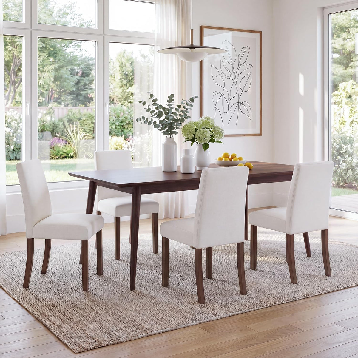 MALOL Upholstered Kitchen Chairs Set of 6, Modern Kitchen Chairs with High Back, Padded Fabric Dining Room Chair with Solid Wood Legs for Restaurant/Cafe/Home, Light Beige