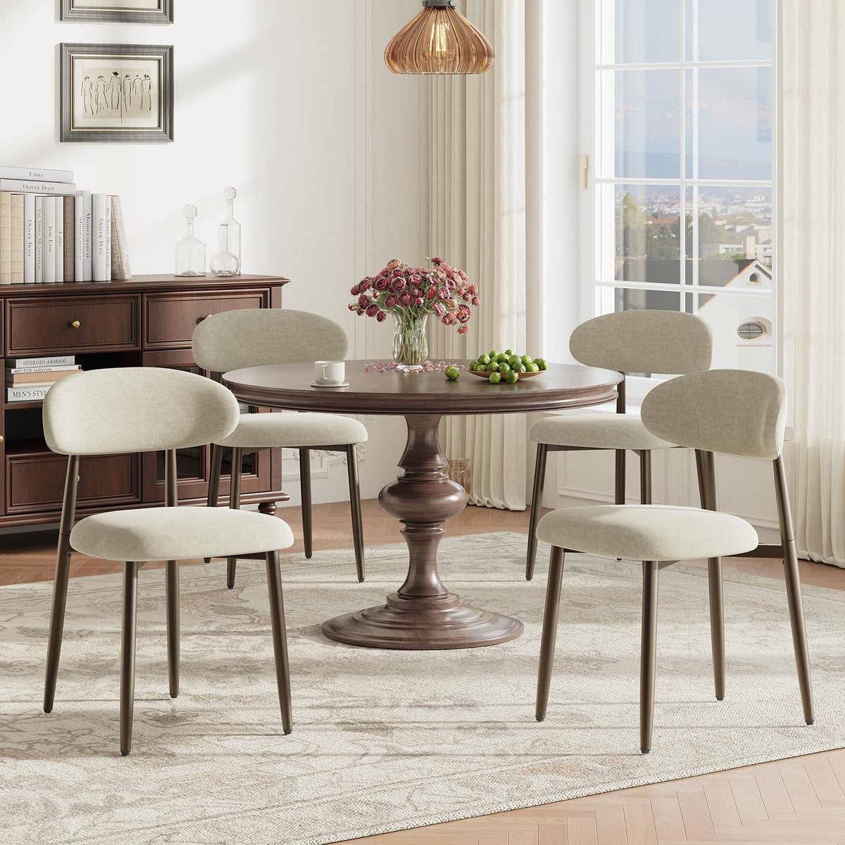 MALOL Dining Chairs Set of 4, Upholstered Kitchen & Dining Room Chairs with Curved Back and Bronze Metal Legs, Comfortable Modern Dining Side Chairs for Dining Room, Kitchen, Brown