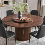 55" Fluted Round Dining Table for 4-6, Mid-Century Modern Kitchen Table with Rotating Tray, 2-Tier Storage Shelf, Wood Sliding Doors and Pedestal Base, Walnut