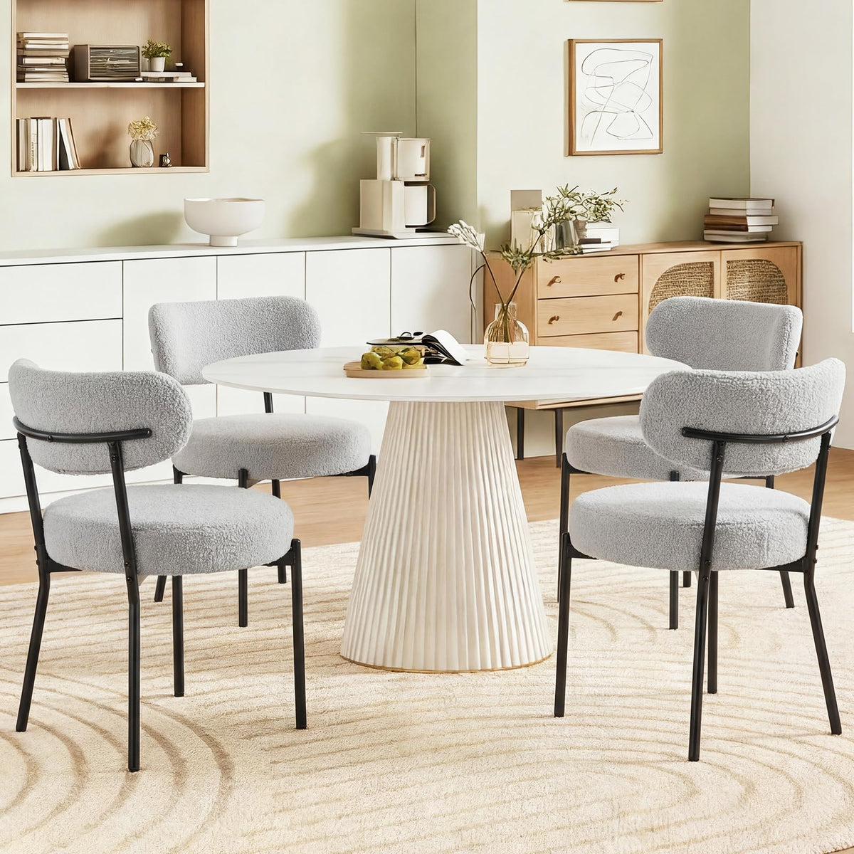 DUMOS Dining Chairs Set of 2, Mid Century Modern Chair Round Upholstered Curved Backrest, Kitchen Vanity Living Room Chairs with Black Metal Legs, Green