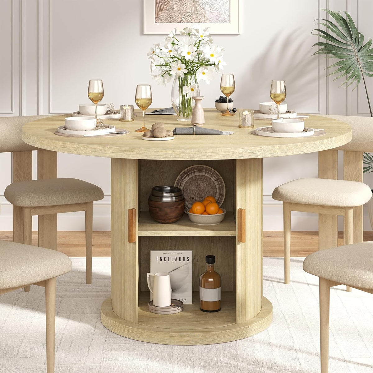 47.24" Round Dining Table for 4, Farmhouse Fluted Kitchen Tables Dining Room Circle Dinner Table, Modern Wood Kitchen & Dining Room Tables