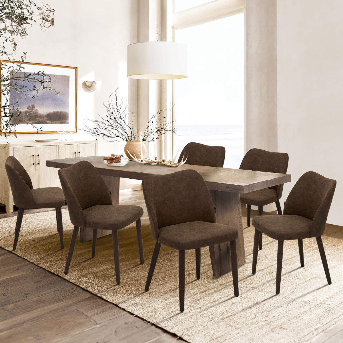 COLAMY Upholstered Dining Chairs Set of 6, Modern Kitchen & Dining Room Chairs with Curved Back, Fabric Padded Seat and Solid Wood Legs, Side Chairs for Restaurant, Cafe & Home, Beige