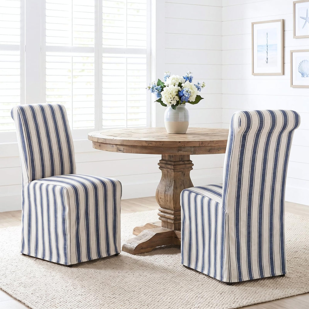 chairus Slipcovered Upholstered Parsons Dining Chairs Set of 4, Blue Stripe